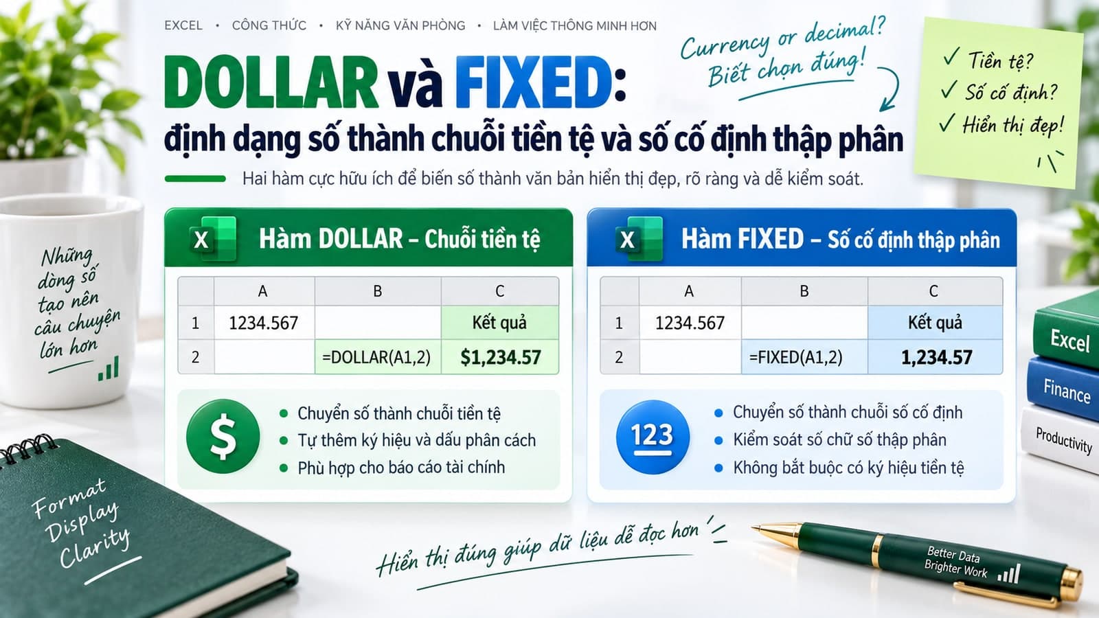 DOLLAR và FIXED: định dạng số thành chuỗi tiền tệ và số cố định thập phân