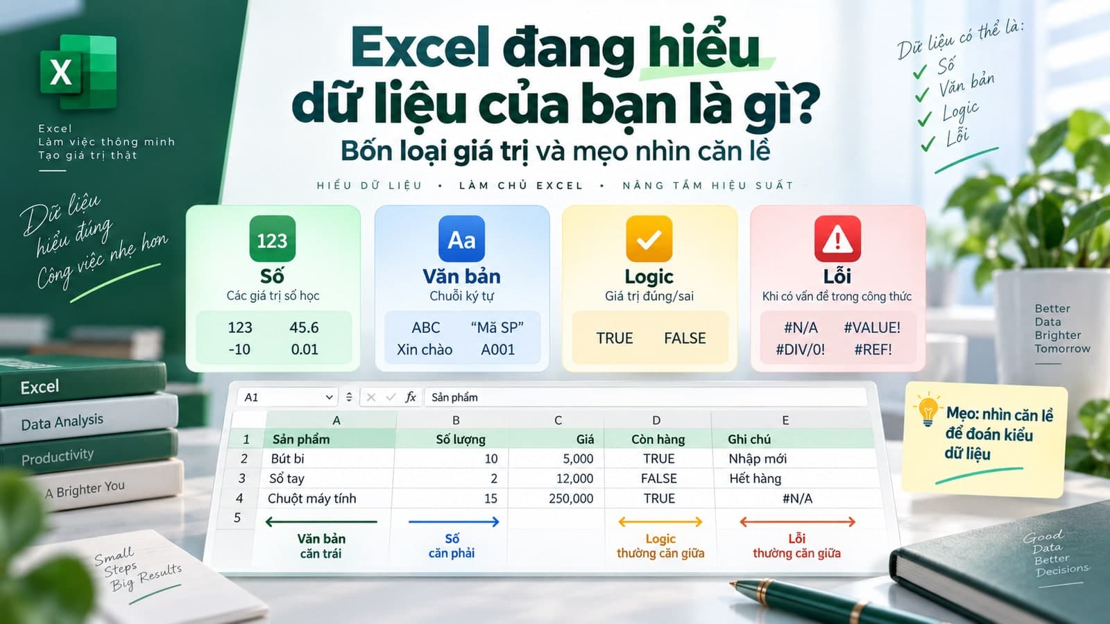 Excel đang hiểu dữ liệu của bạn là gì? Bốn loại giá trị và mẹo nhìn căn lề