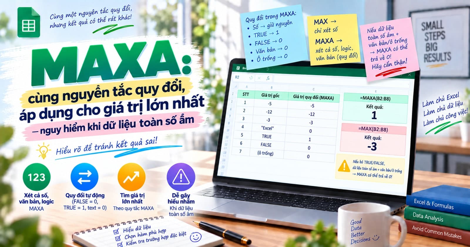 MAXA: cùng nguyên tắc quy đổi, áp dụng cho giá trị lớn nhất — nguy hiểm khi dữ liệu toàn số âm