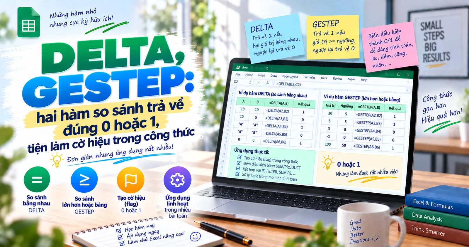 DELTA, GESTEP: hai hàm so sánh trả về đúng 0 hoặc 1, tiện làm cờ hiệu trong công thức