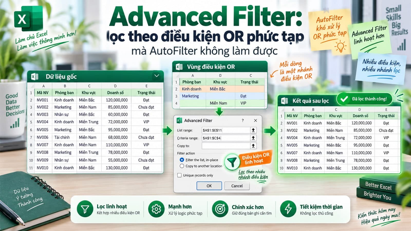 Advanced Filter: lọc theo điều kiện OR phức tạp mà AutoFilter không làm được