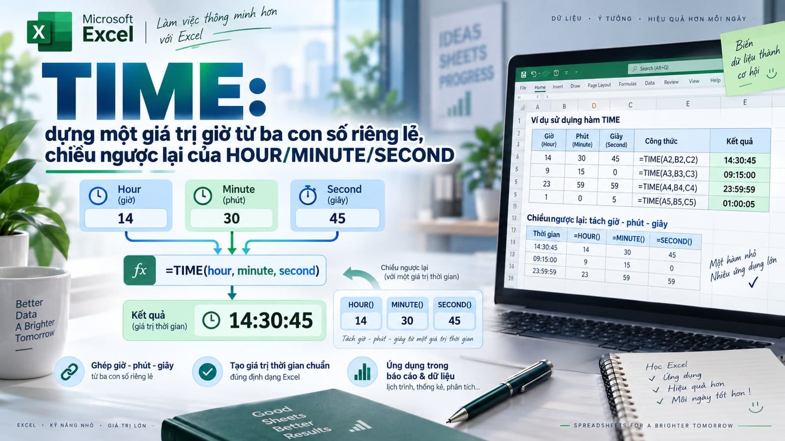TIME: dựng một giá trị giờ từ ba con số riêng lẻ, chiều ngược lại của HOUR/MINUTE/SECOND