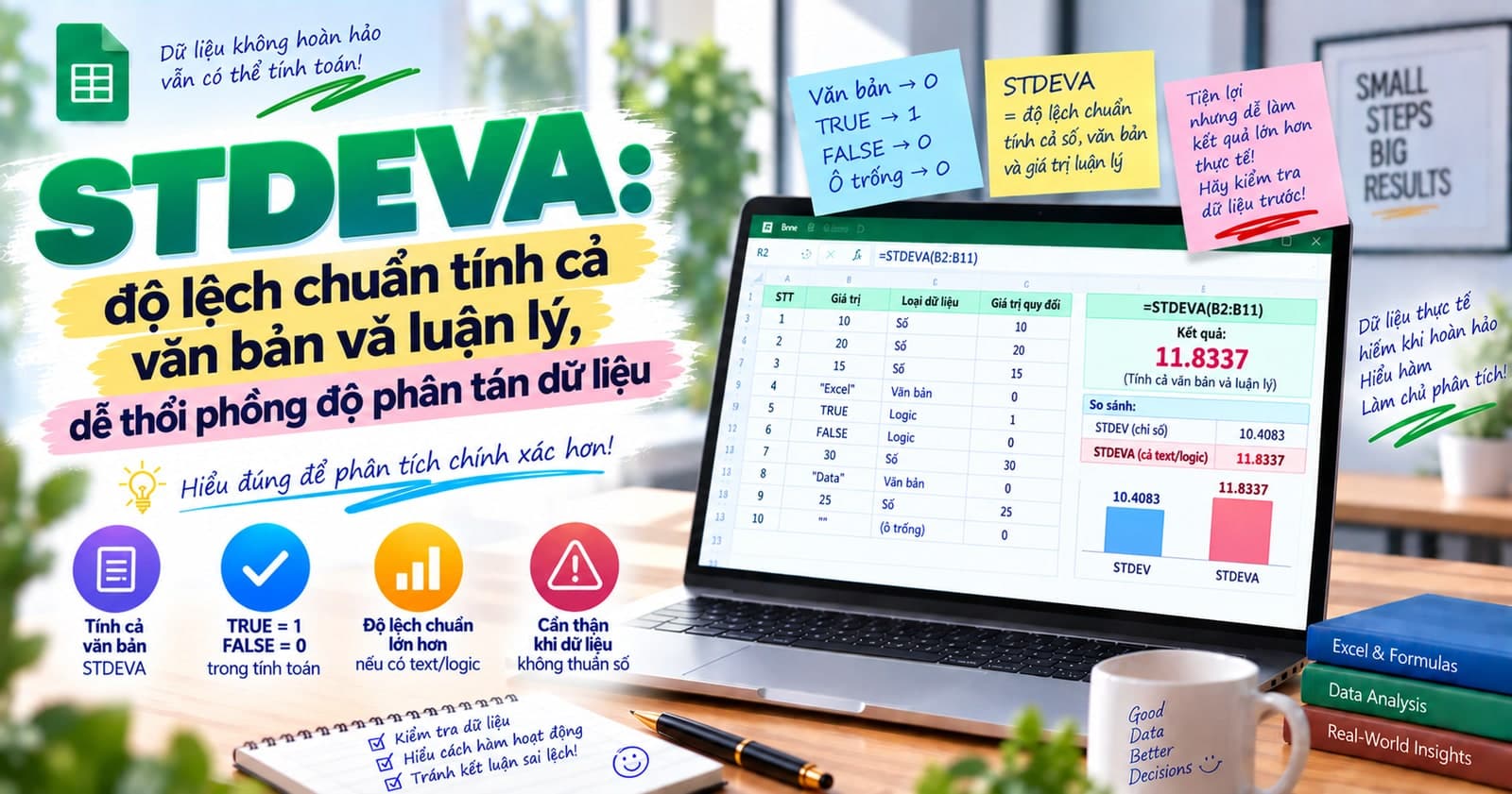 STDEVA: độ lệch chuẩn tính cả văn bản và luận lý, dễ thổi phồng độ phân tán dữ liệu