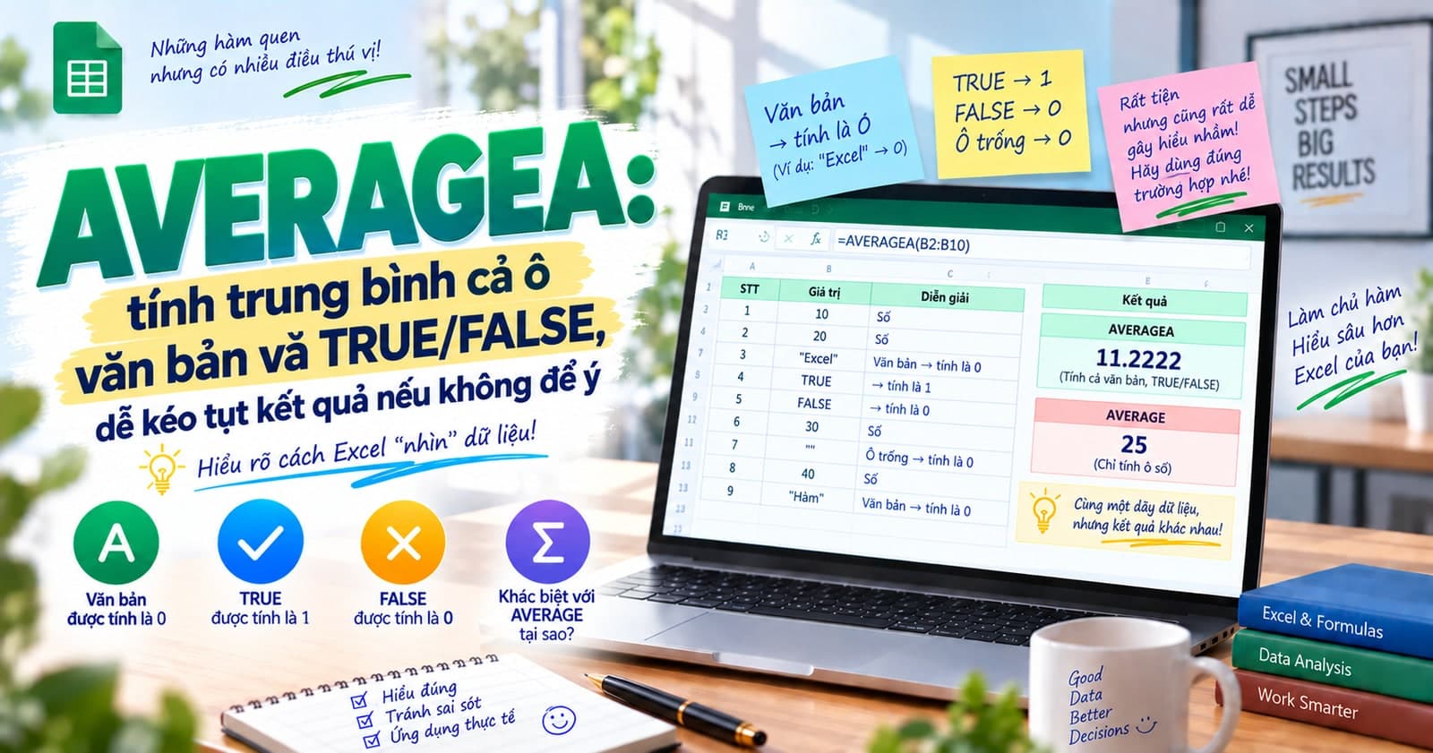 AVERAGEA: tính trung bình cả ô văn bản và TRUE/FALSE, dễ kéo tụt kết quả nếu không để ý