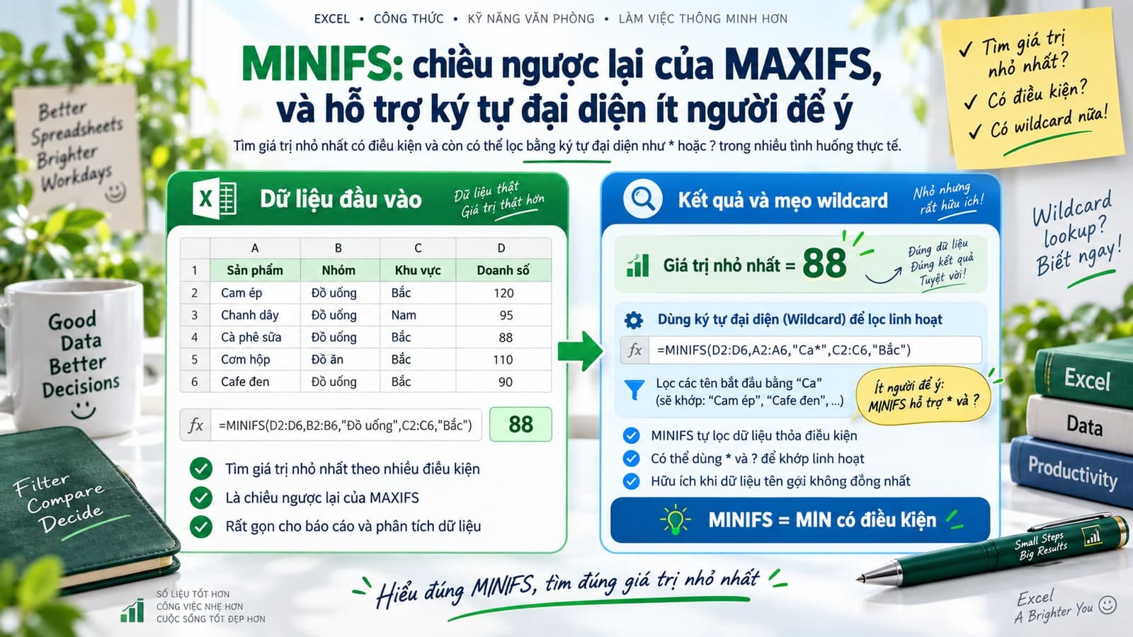 MINIFS: chiều ngược lại của MAXIFS, và hỗ trợ ký tự đại diện ít người để ý