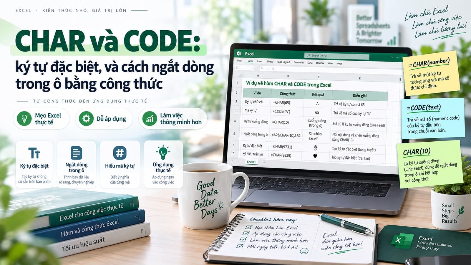CHAR và CODE: ký tự đặc biệt, và cách ngắt dòng trong ô bằng công thức