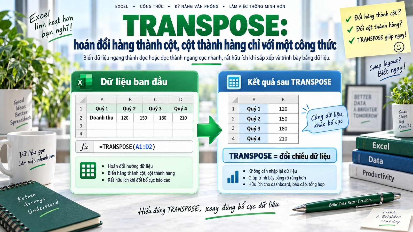 TRANSPOSE: hoán đổi hàng thành cột, cột thành hàng chỉ với một công thức