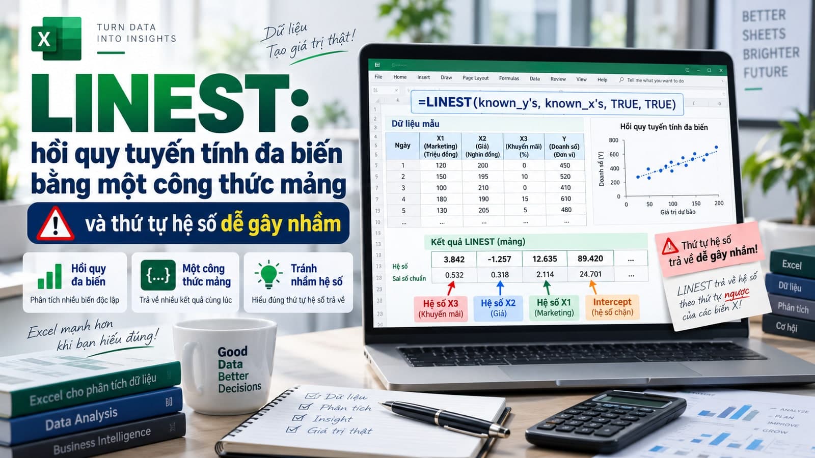 LINEST: hồi quy tuyến tính đa biến bằng một công thức mảng, và thứ tự hệ số dễ gây nhầm