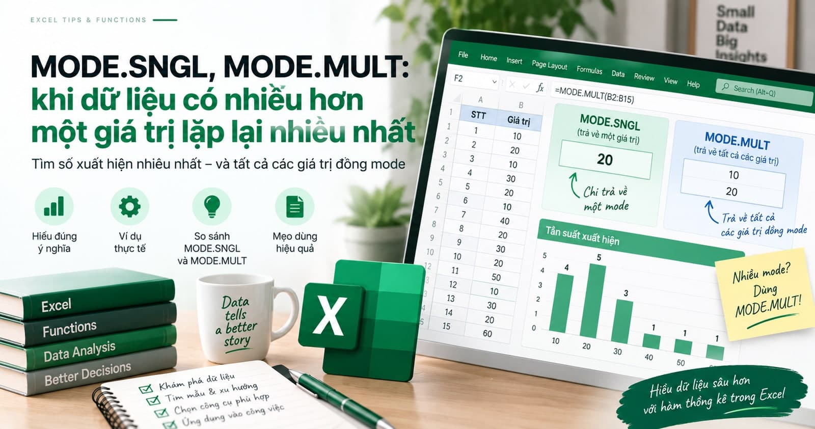 MODE.SNGL, MODE.MULT: khi dữ liệu có nhiều hơn một giá trị lặp lại nhiều nhất