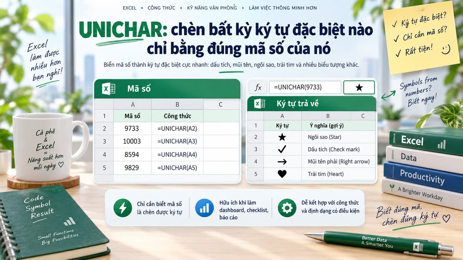 UNICHAR: chèn bất kỳ ký tự đặc biệt nào chỉ bằng đúng mã số của nó