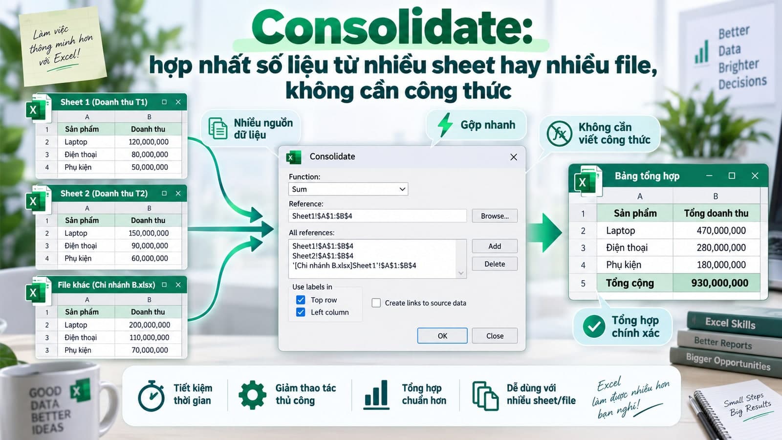 Consolidate: hợp nhất số liệu từ nhiều sheet hay nhiều file, không cần công thức