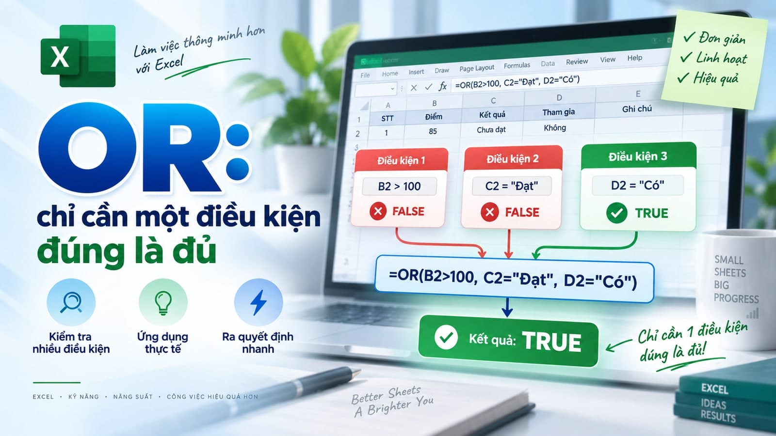 OR: chỉ cần một điều kiện đúng là đủ