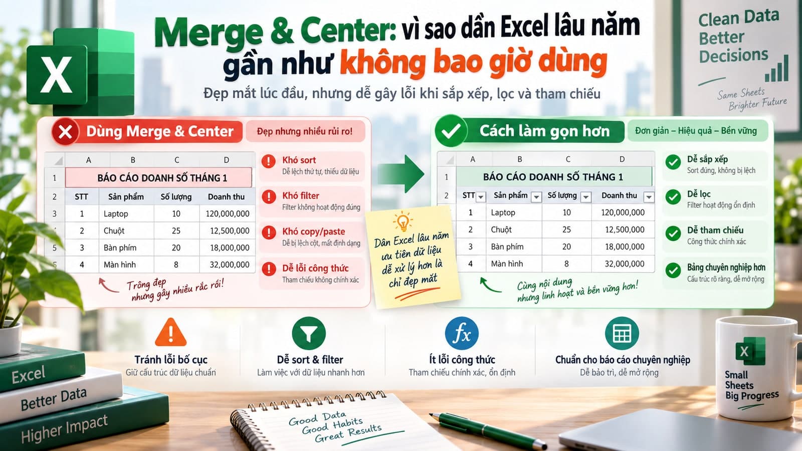 Merge & Center: vì sao dân Excel lâu năm gần như không bao giờ dùng