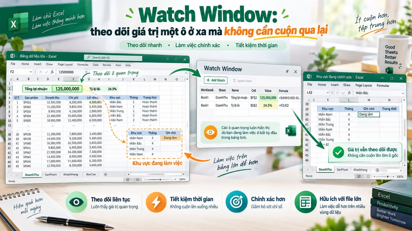 Watch Window: theo dõi giá trị một ô ở xa mà không cần cuộn qua lại