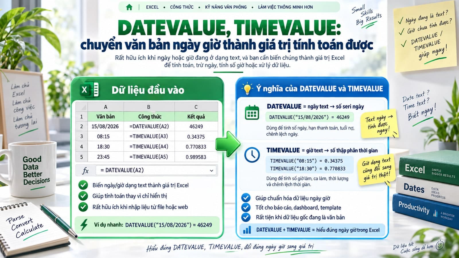 DATEVALUE, TIMEVALUE: chuyển văn bản ngày giờ thành giá trị tính toán được