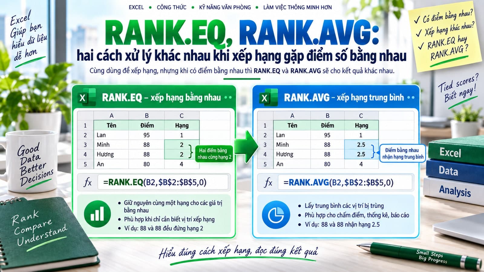 RANK.EQ, RANK.AVG: hai cách xử lý khác nhau khi xếp hạng gặp điểm số bằng nhau