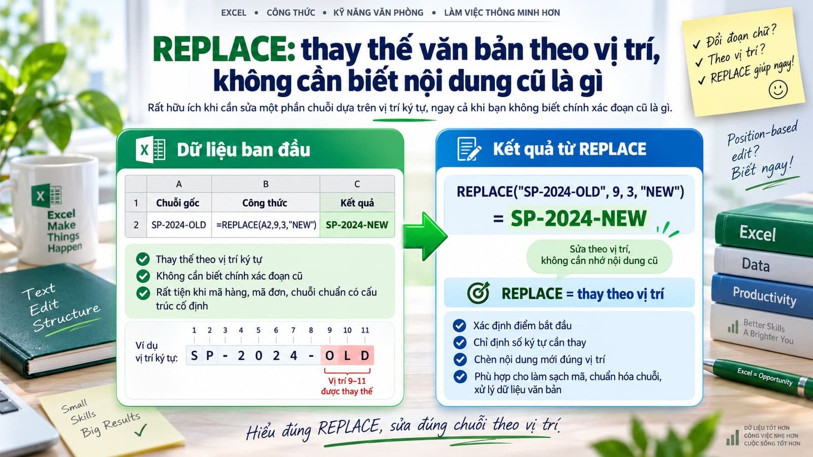 REPLACE: thay thế văn bản theo vị trí, không cần biết nội dung cũ là gì