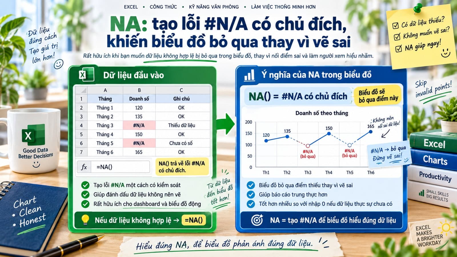 NA: tạo lỗi #N/A có chủ đích, khiến biểu đồ bỏ qua thay vì vẽ sai