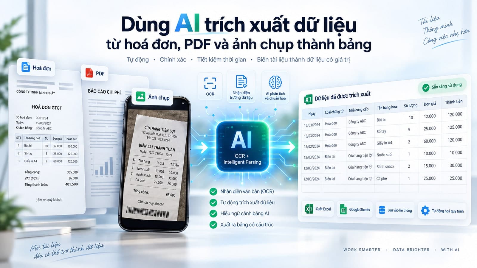 Dùng AI trích xuất dữ liệu từ hoá đơn, PDF và ảnh chụp thành bảng