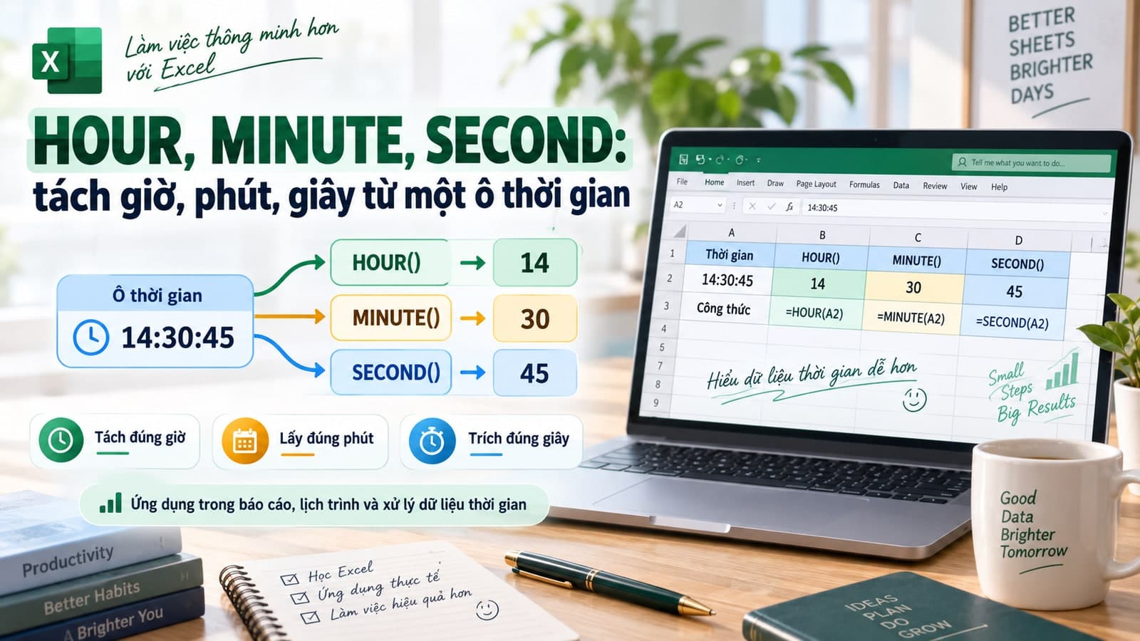 HOUR, MINUTE, SECOND: tách giờ, phút, giây từ một ô thời gian