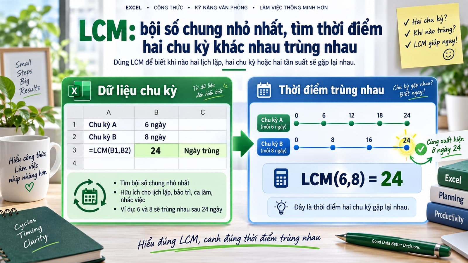 LCM: bội số chung nhỏ nhất, tìm thời điểm hai chu kỳ khác nhau trùng nhau