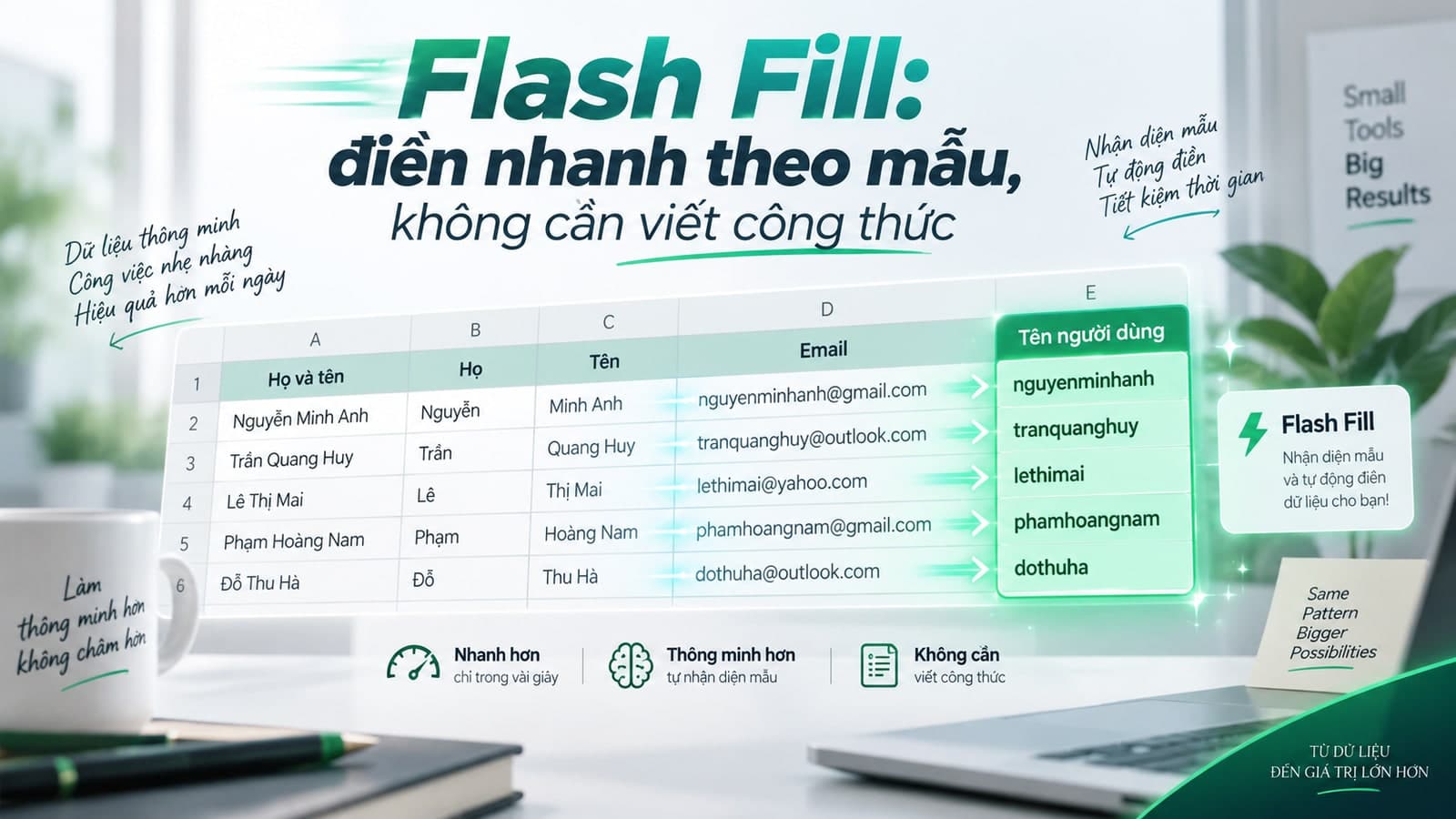 Flash Fill: điền nhanh theo mẫu, không cần viết công thức