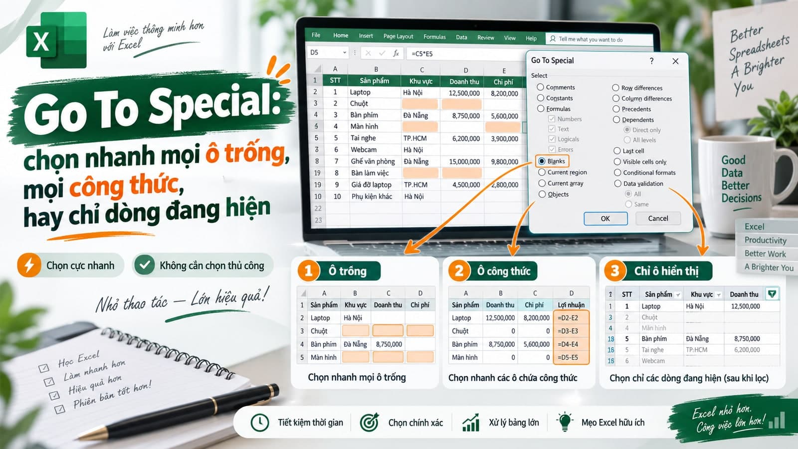 Go To Special: chọn nhanh mọi ô trống, mọi công thức, hay chỉ dòng đang hiện