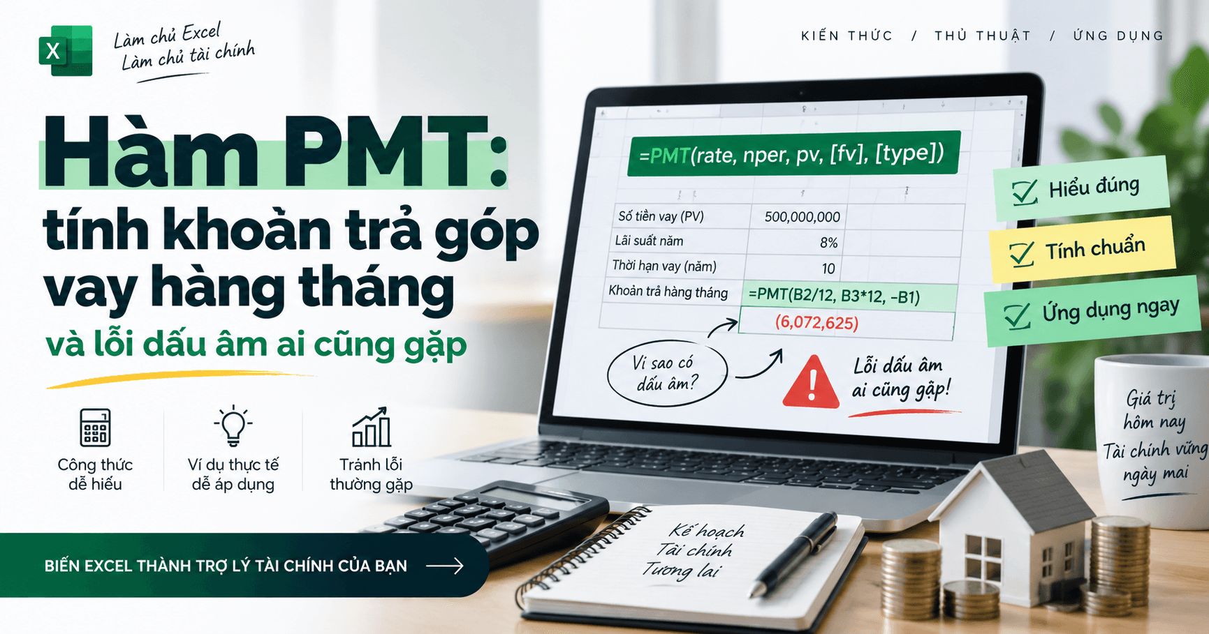 Hàm PMT: tính khoản trả góp vay hàng tháng, và lỗi dấu âm ai cũng gặp