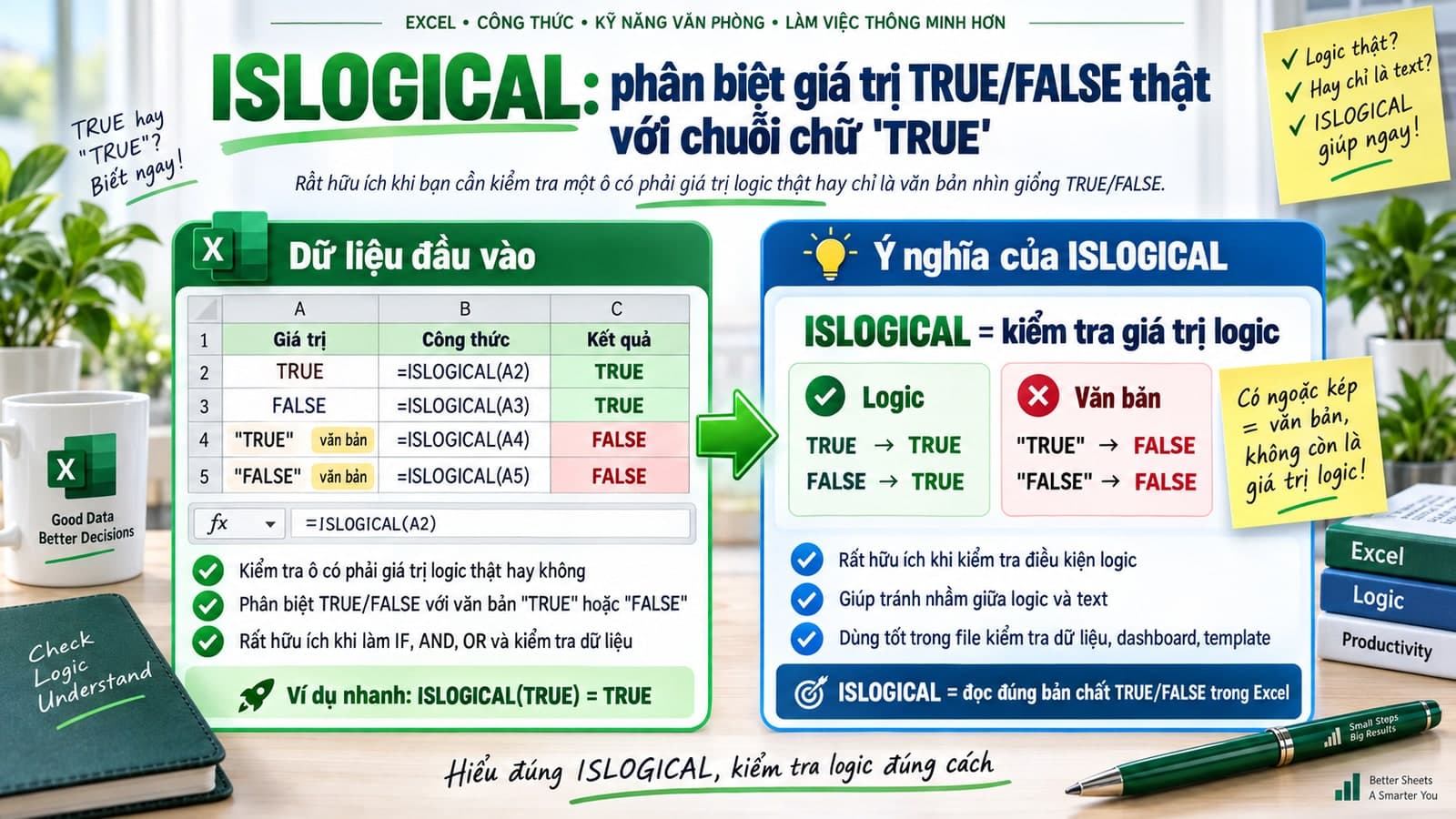 ISLOGICAL: phân biệt giá trị TRUE/FALSE thật với chuỗi chữ 'TRUE'
