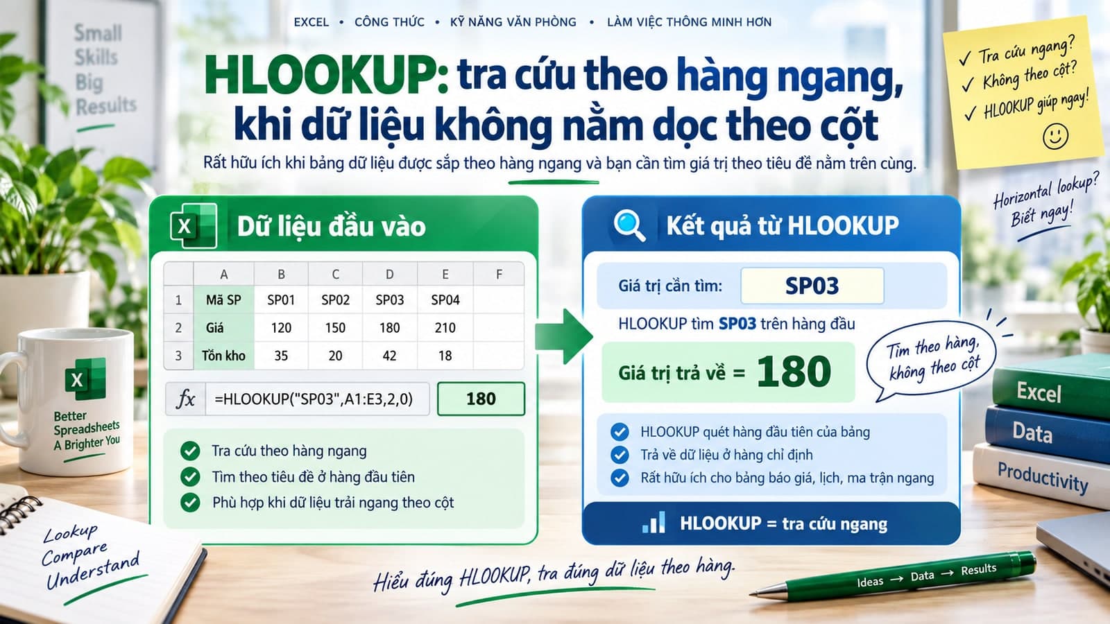 HLOOKUP: tra cứu theo hàng ngang, khi dữ liệu không nằm dọc theo cột