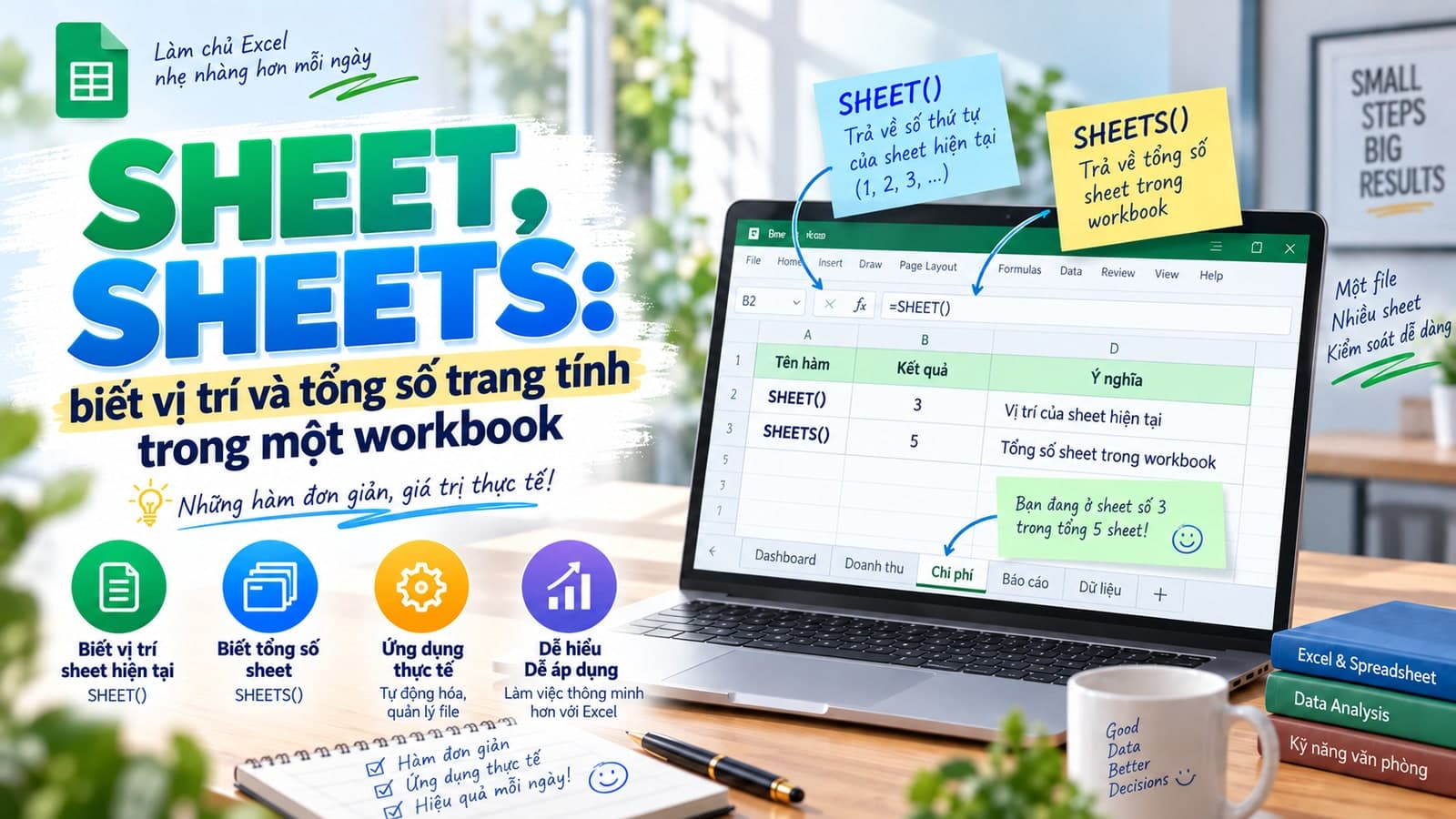 SHEET, SHEETS: biết vị trí và tổng số trang tính trong một workbook