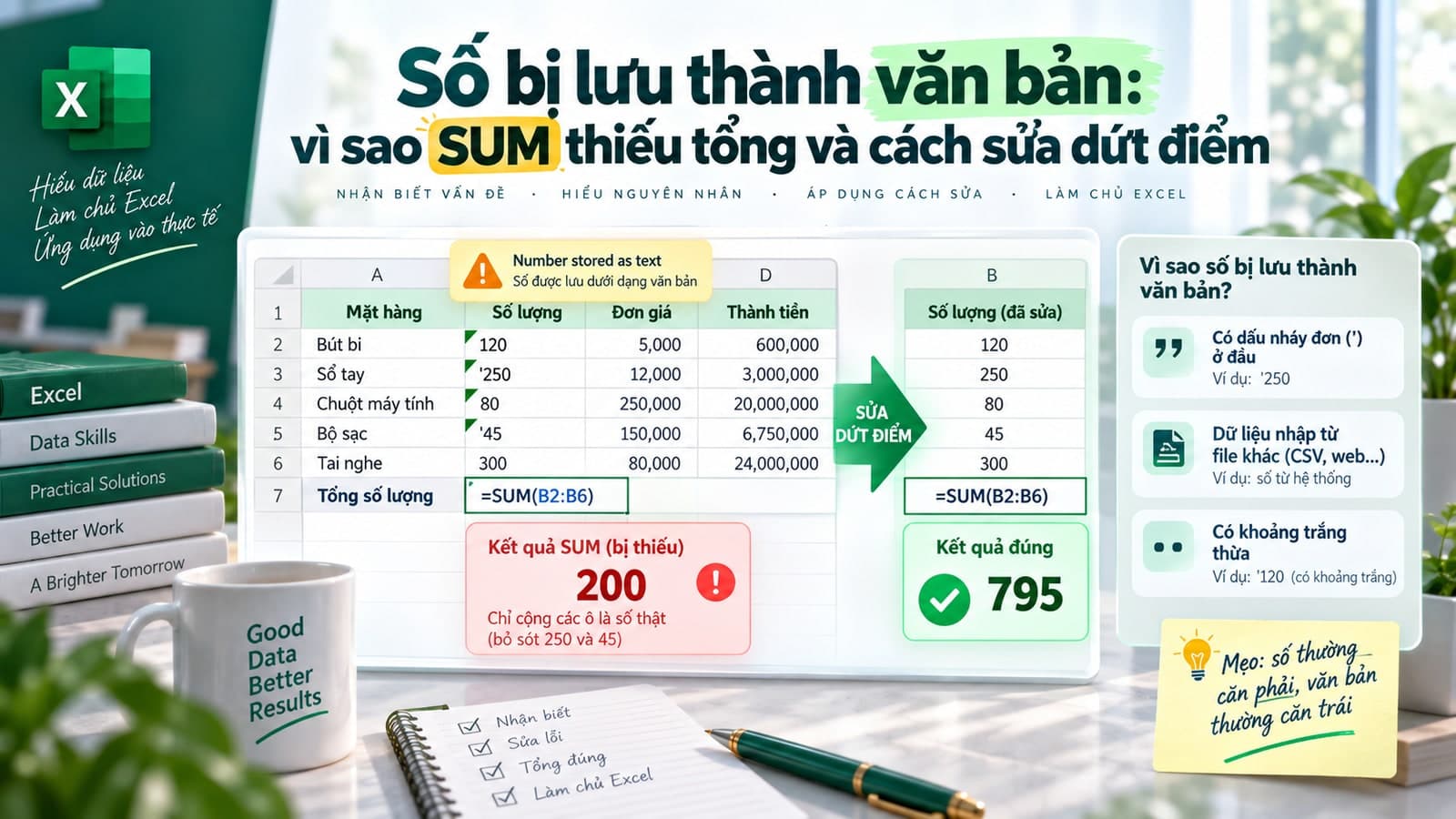 Số bị lưu thành văn bản: vì sao SUM thiếu tổng và cách sửa dứt điểm