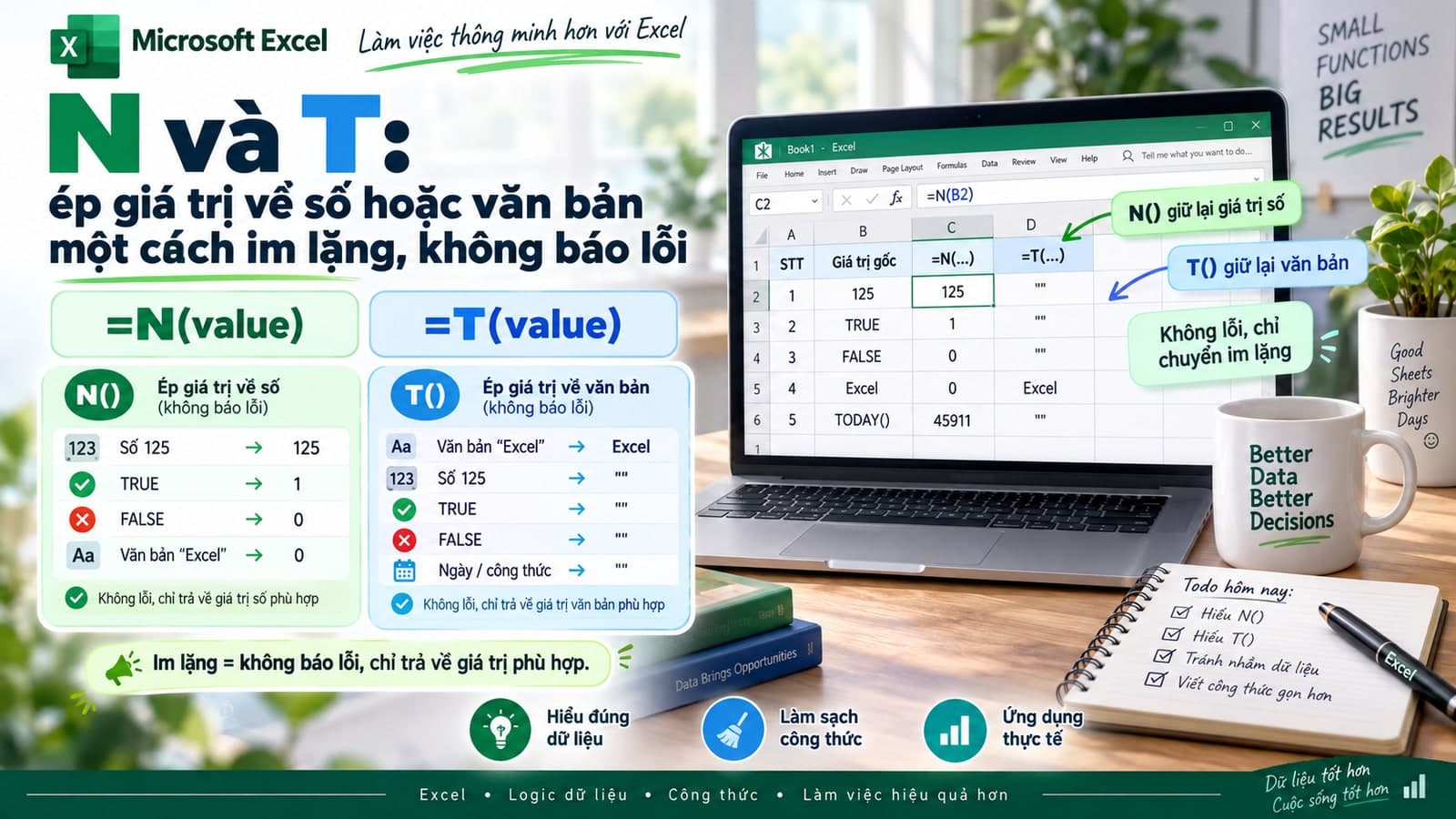 N và T: ép giá trị về số hoặc văn bản một cách im lặng, không báo lỗi