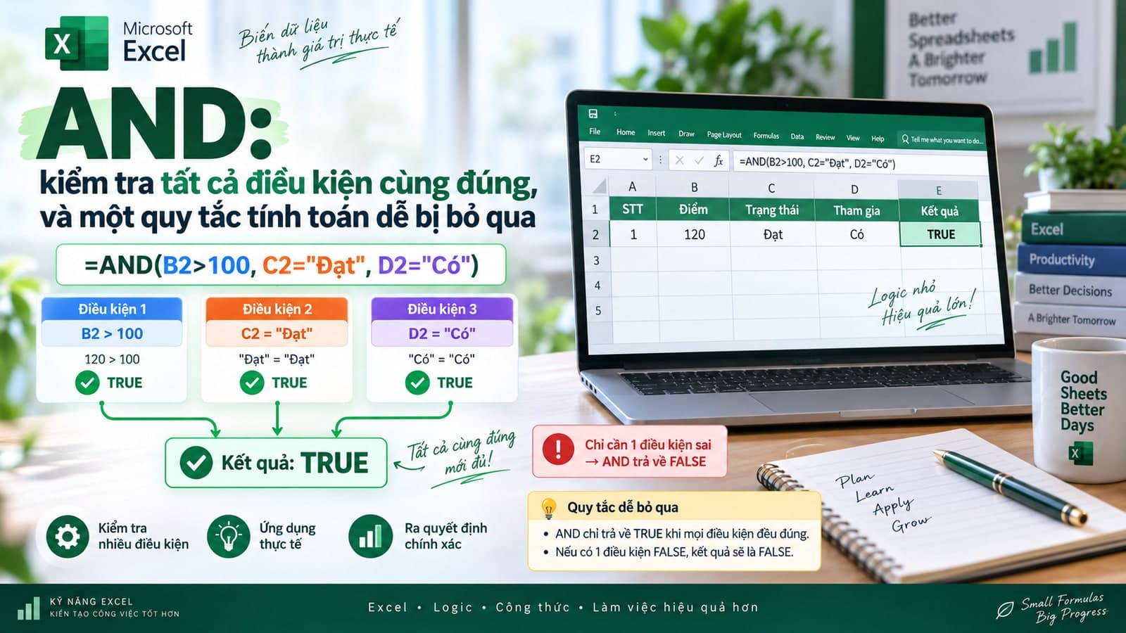 AND: kiểm tra tất cả điều kiện cùng đúng, và một quy tắc tính toán dễ bị bỏ qua