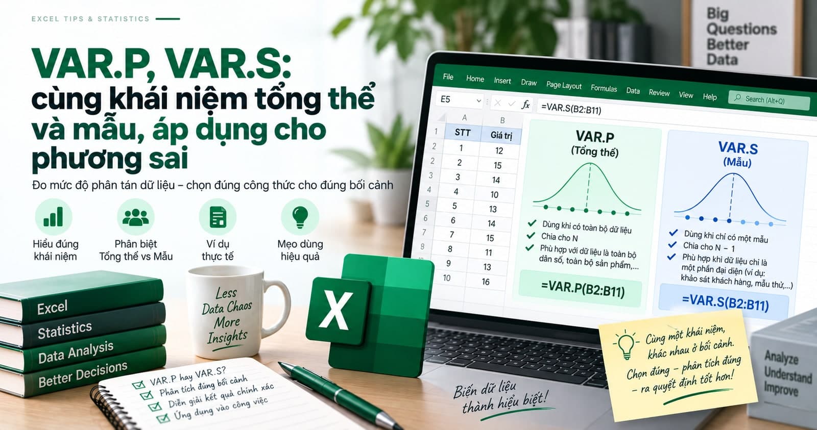 VAR.P, VAR.S: cùng khái niệm tổng thể và mẫu, áp dụng cho phương sai