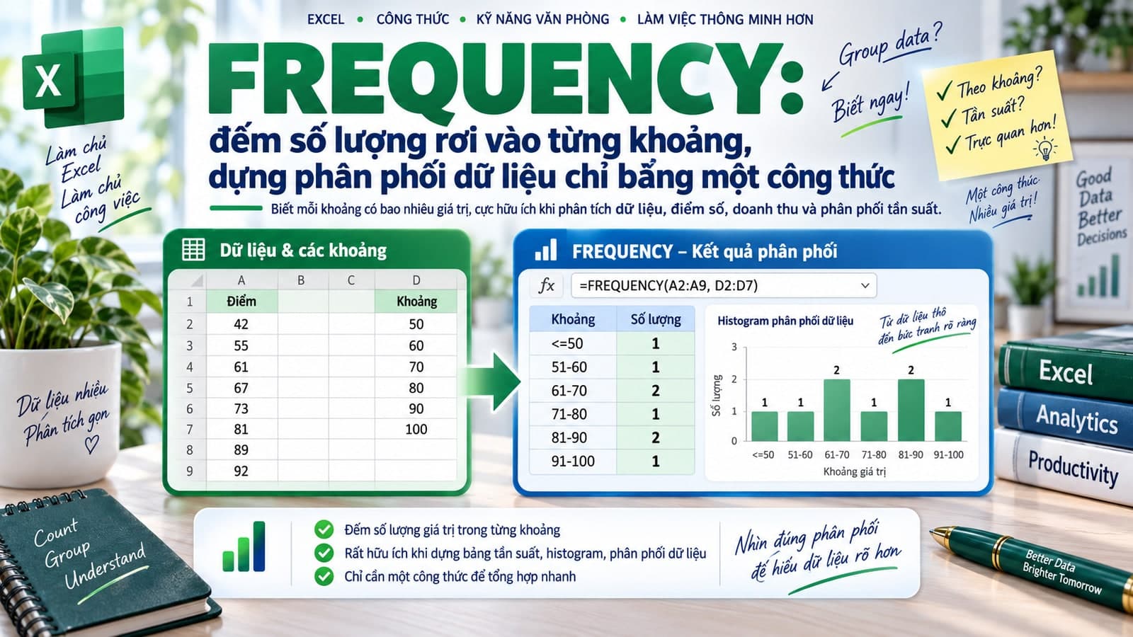 FREQUENCY: đếm số lượng rơi vào từng khoảng, dựng phân phối dữ liệu chỉ bằng một công thức