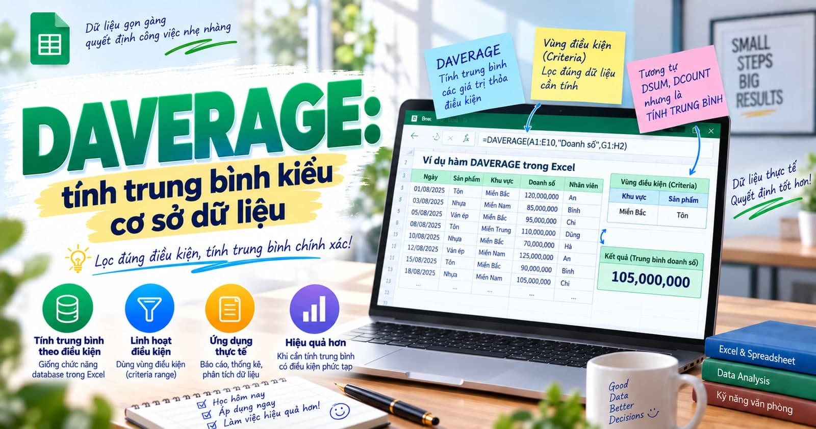DAVERAGE: tính trung bình kiểu cơ sở dữ liệu