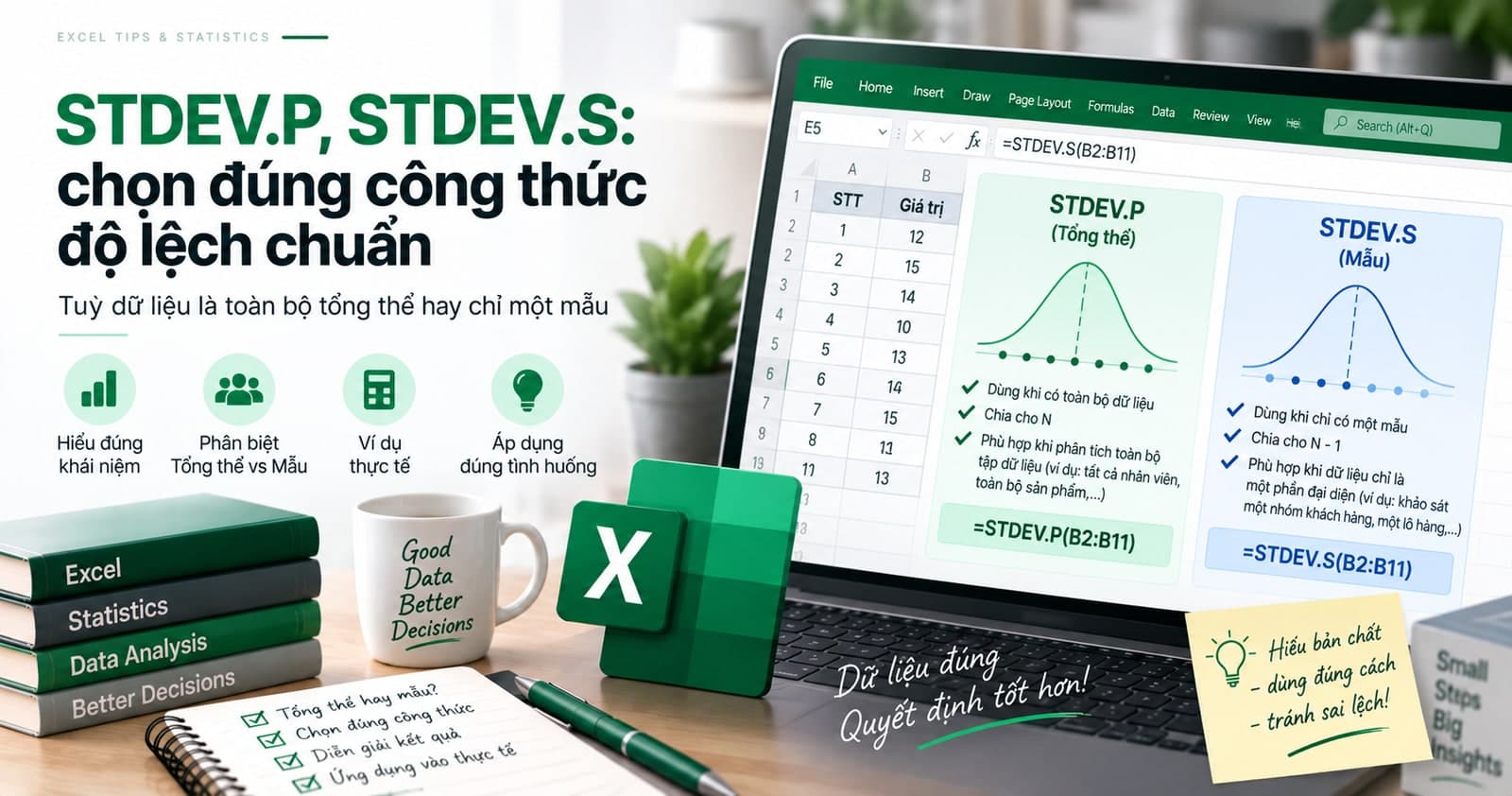 STDEV.P, STDEV.S: chọn đúng công thức độ lệch chuẩn tuỳ dữ liệu là toàn bộ tổng thể hay chỉ một mẫu