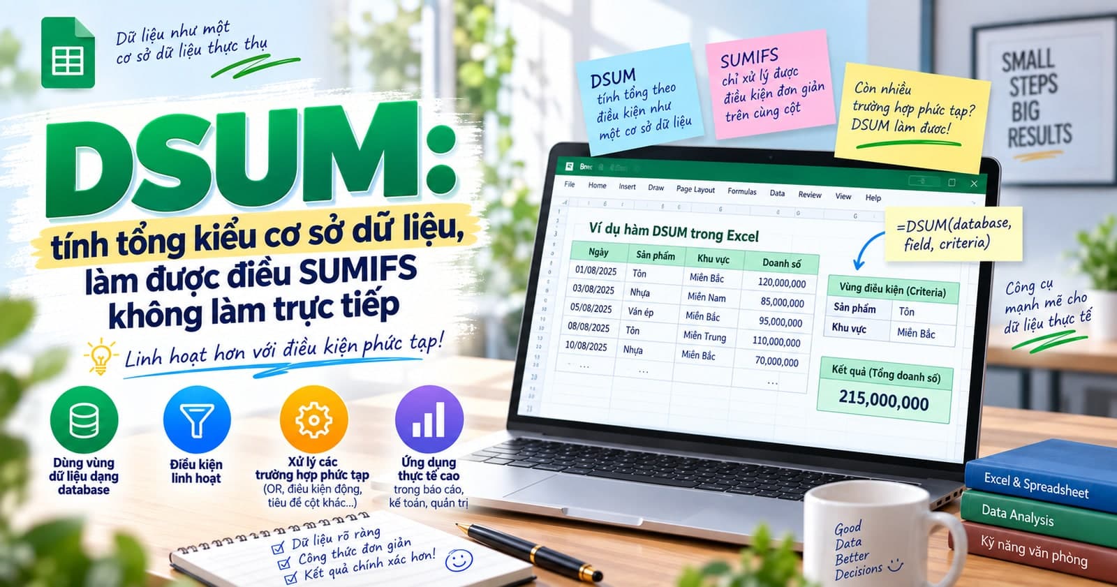 DSUM: tính tổng kiểu cơ sở dữ liệu, làm được điều SUMIFS không làm trực tiếp
