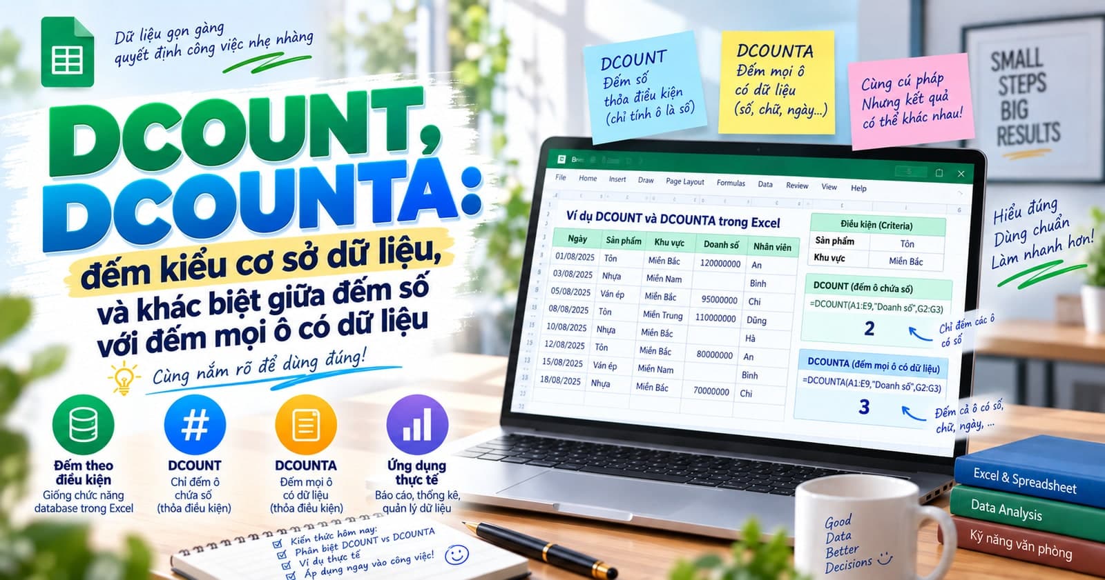DCOUNT, DCOUNTA: đếm kiểu cơ sở dữ liệu, và khác biệt giữa đếm số với đếm mọi ô có dữ liệu