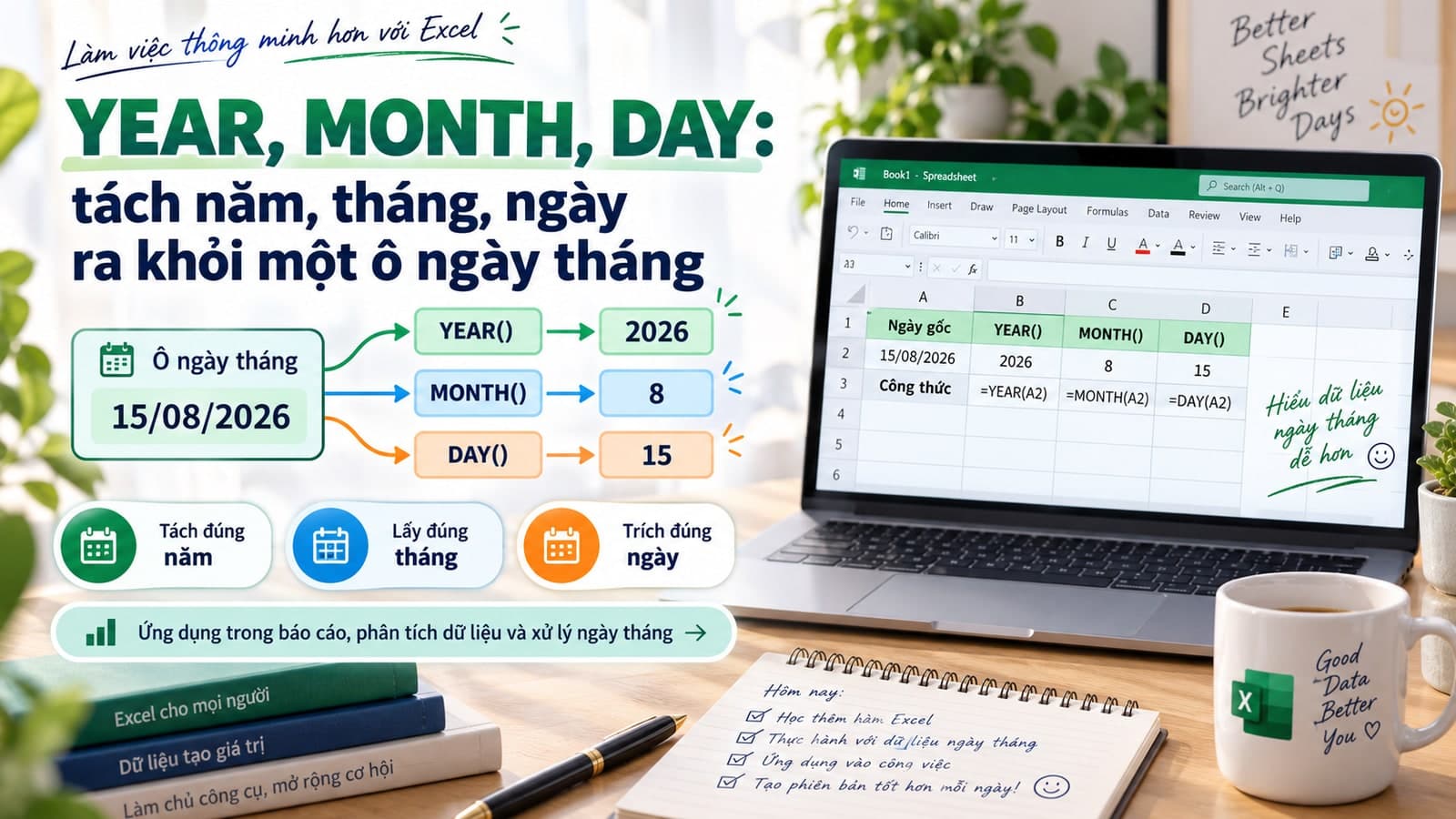 YEAR, MONTH, DAY: tách năm, tháng, ngày ra khỏi một ô ngày tháng