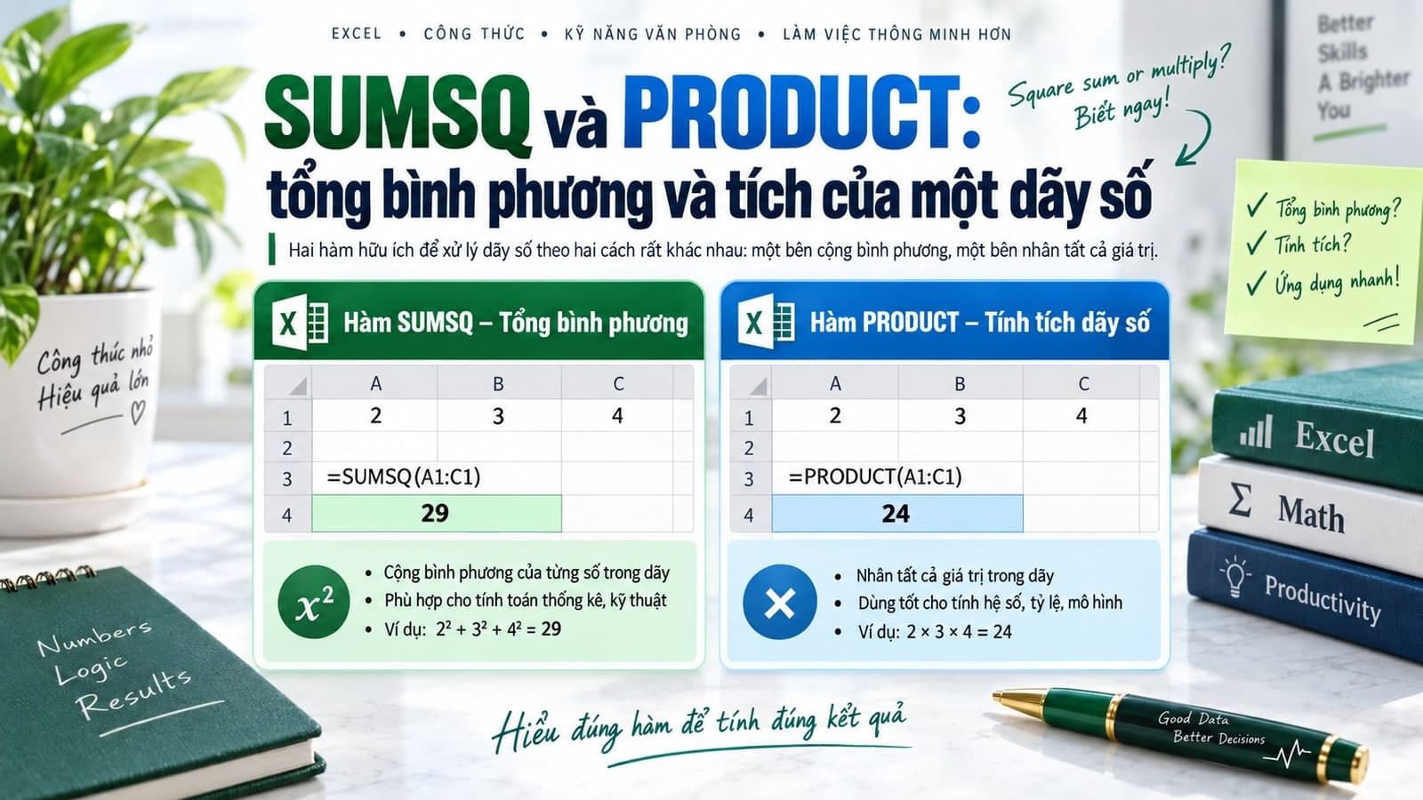SUMSQ và PRODUCT: tổng bình phương và tích của một dãy số