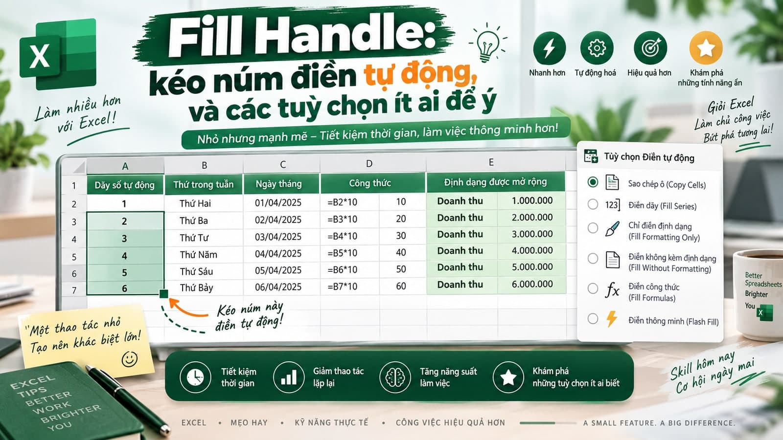 Fill Handle: kéo núm điền tự động, và các tuỳ chọn ít ai để ý