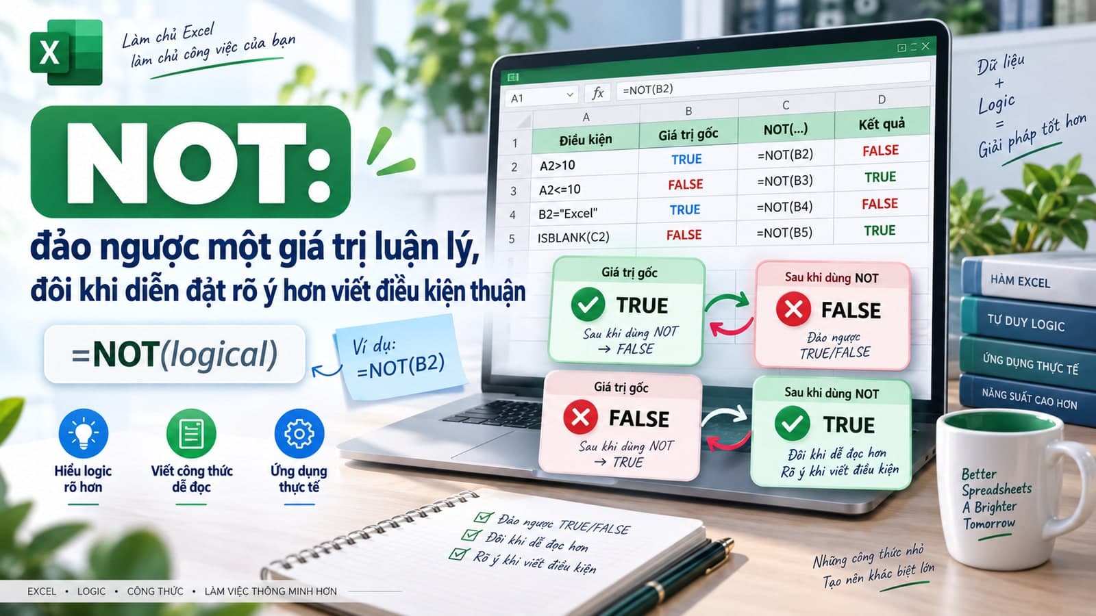 NOT: đảo ngược một giá trị luận lý, đôi khi diễn đạt rõ ý hơn viết điều kiện thuận