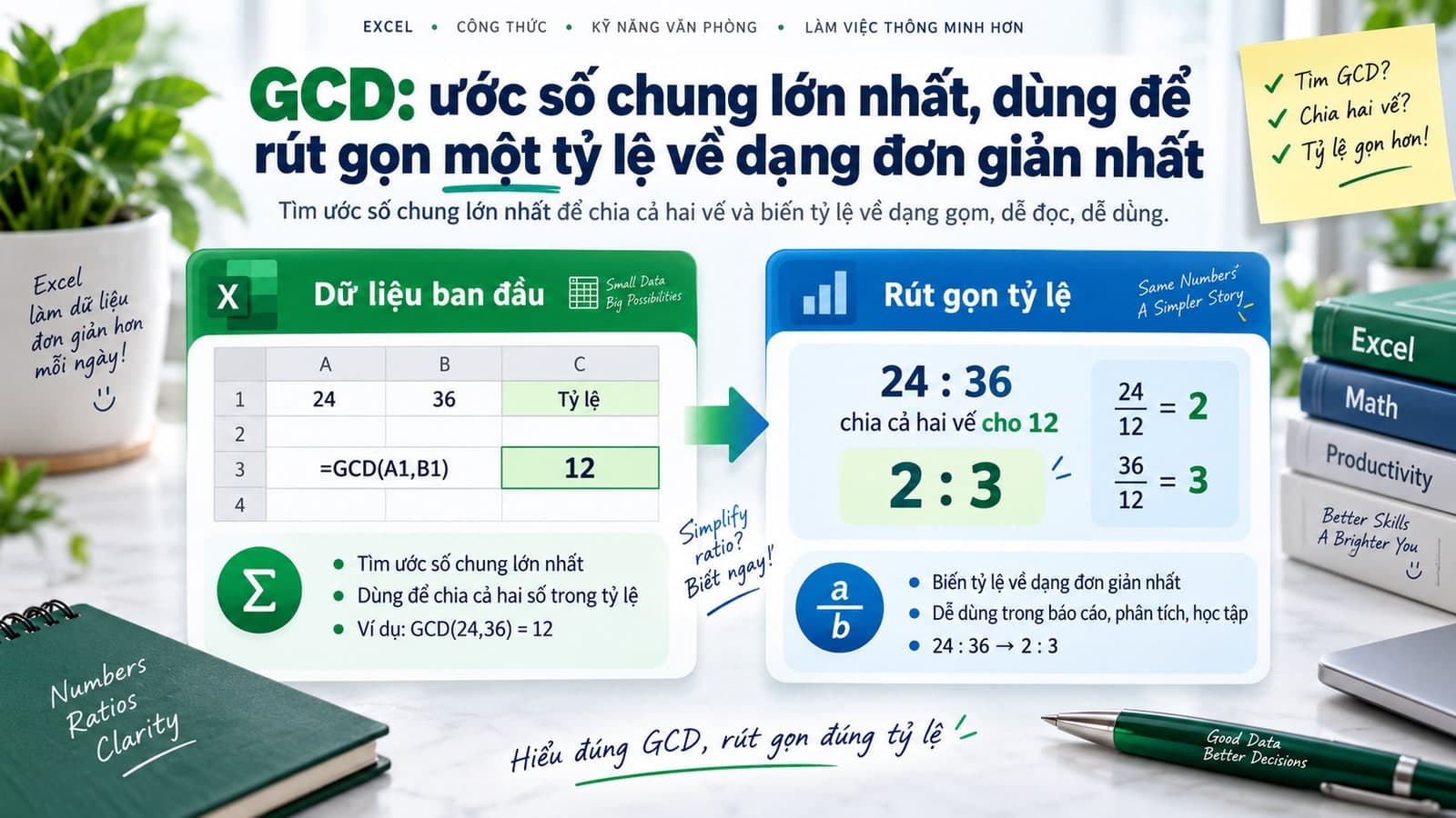 GCD: ước số chung lớn nhất, dùng để rút gọn một tỷ lệ về dạng đơn giản nhất