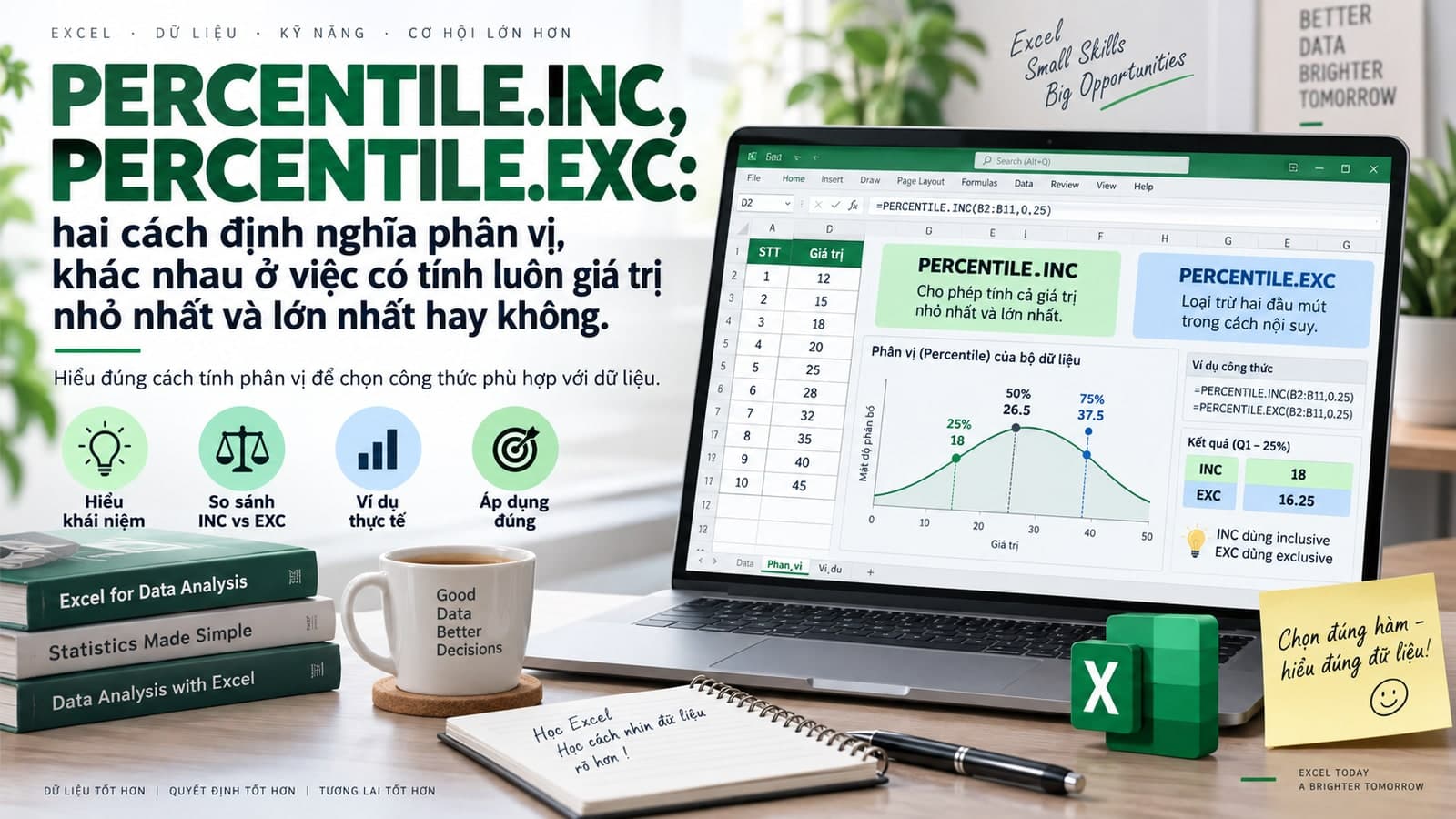 PERCENTILE.INC, PERCENTILE.EXC: hai cách định nghĩa phân vị, khác nhau ở việc có tính luôn giá trị nhỏ nhất và lớn nhất hay không