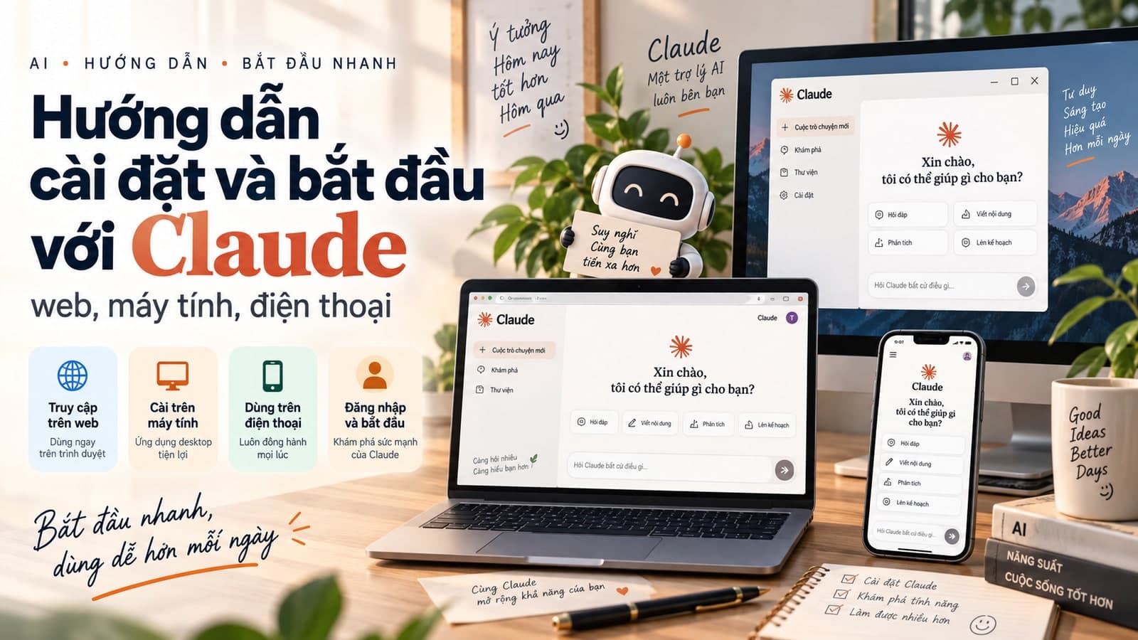 Hướng dẫn cài đặt và bắt đầu với Claude (web, máy tính, điện thoại)