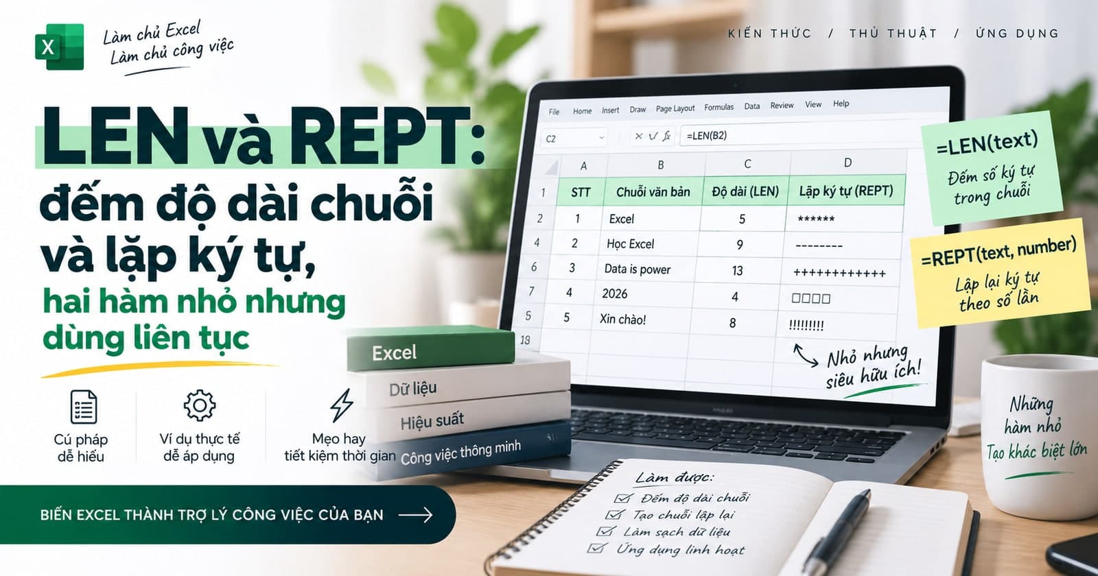 LEN và REPT: đếm độ dài chuỗi và lặp ký tự, hai hàm nhỏ nhưng dùng liên tục