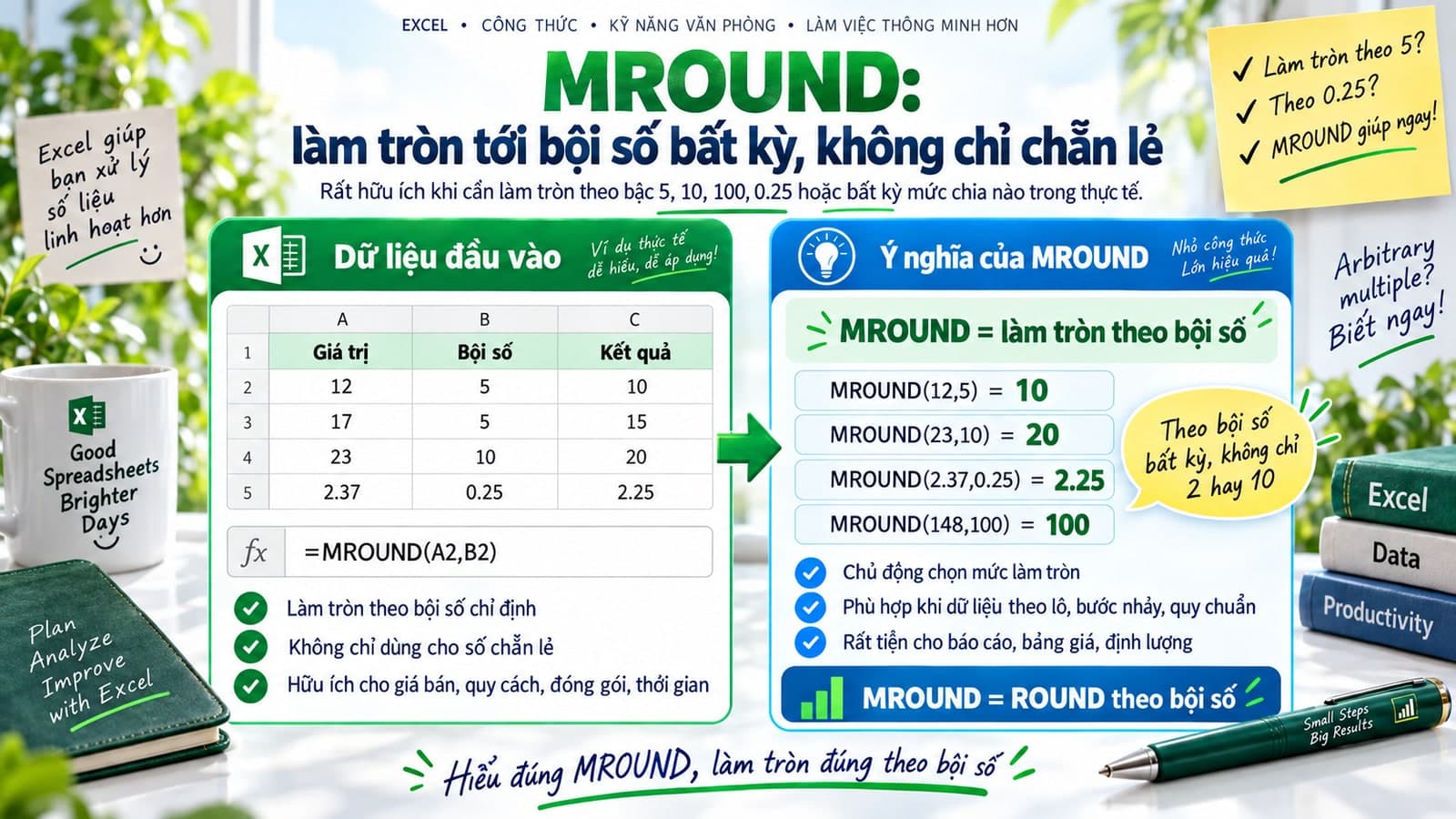 MROUND: làm tròn tới bội số bất kỳ, không chỉ chẵn lẻ