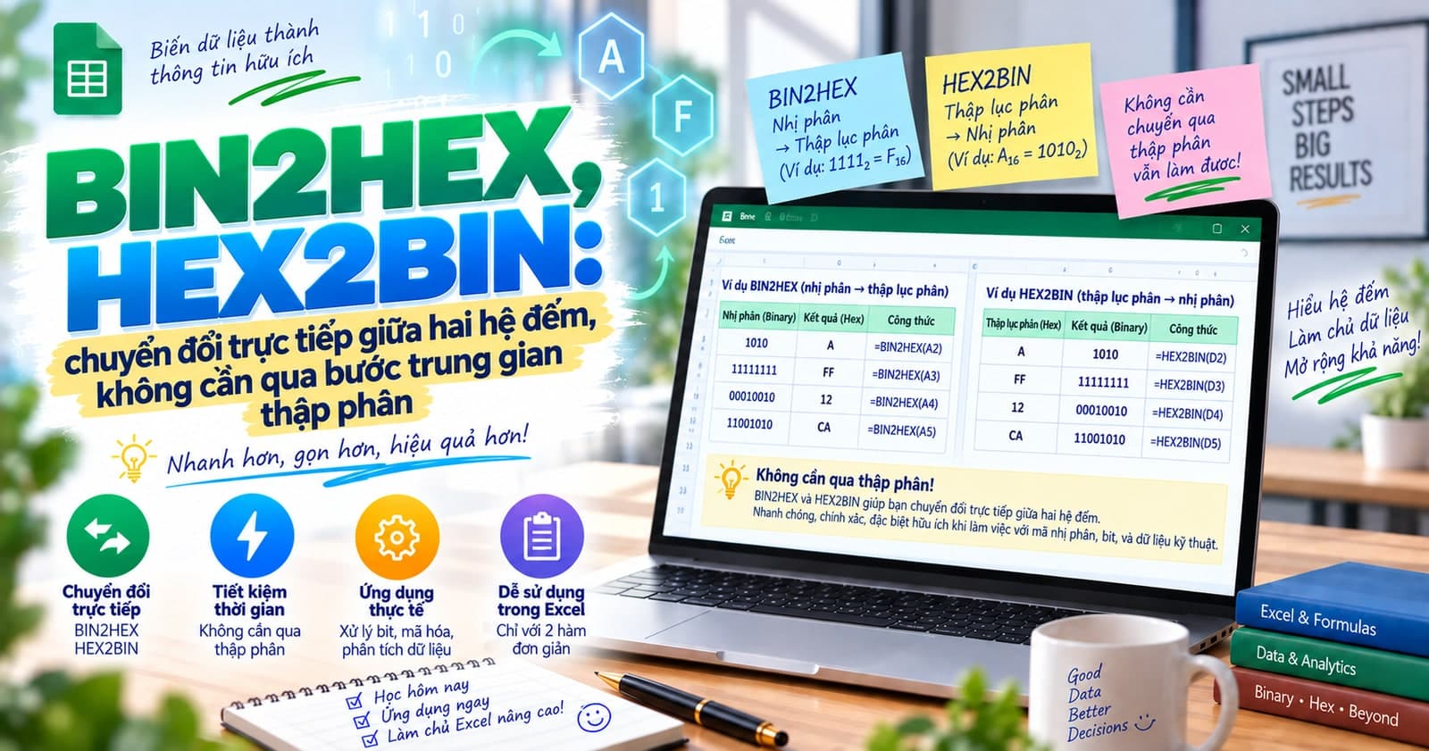 BIN2HEX, HEX2BIN: chuyển đổi trực tiếp giữa hai hệ đếm, không cần qua bước trung gian thập phân
